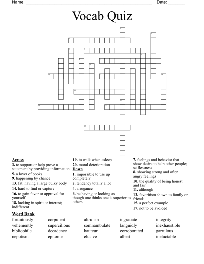 Vocab Quiz Crossword