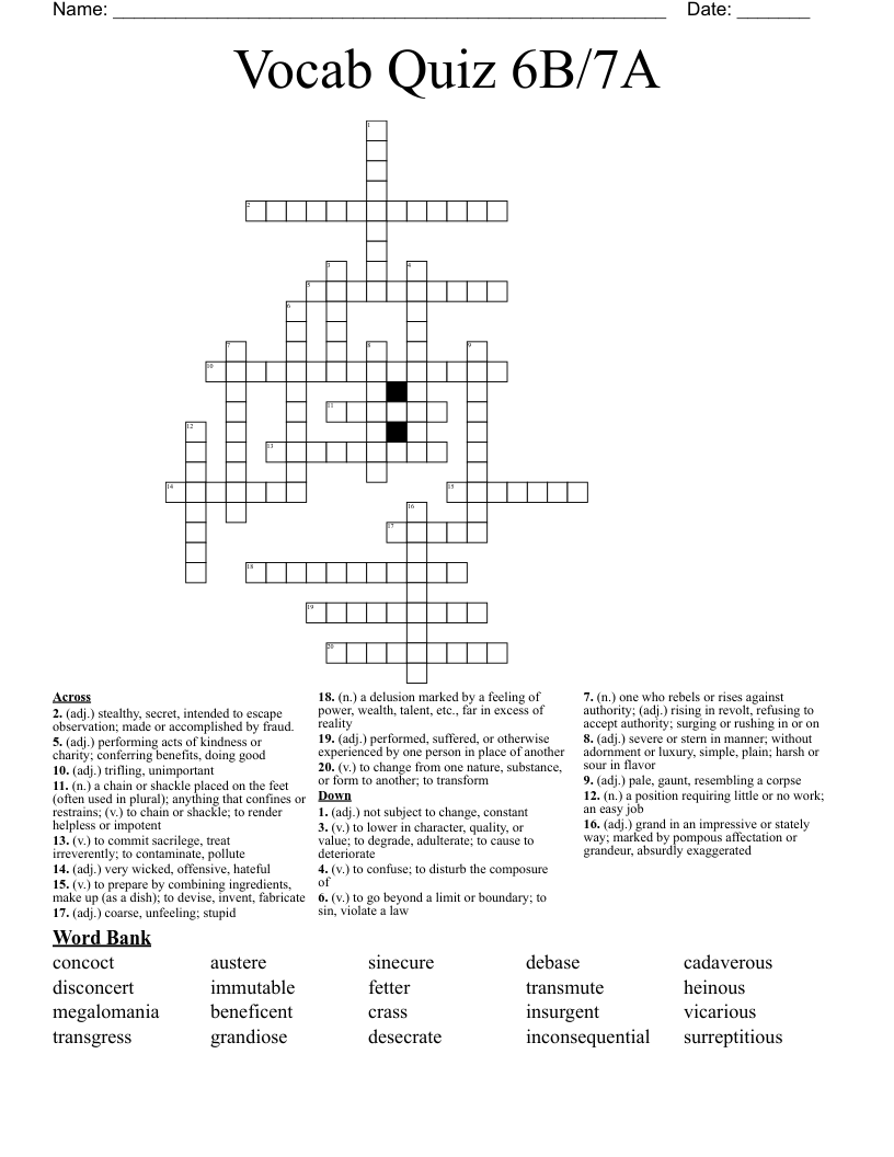 Vocab Quiz 6B/7A Crossword