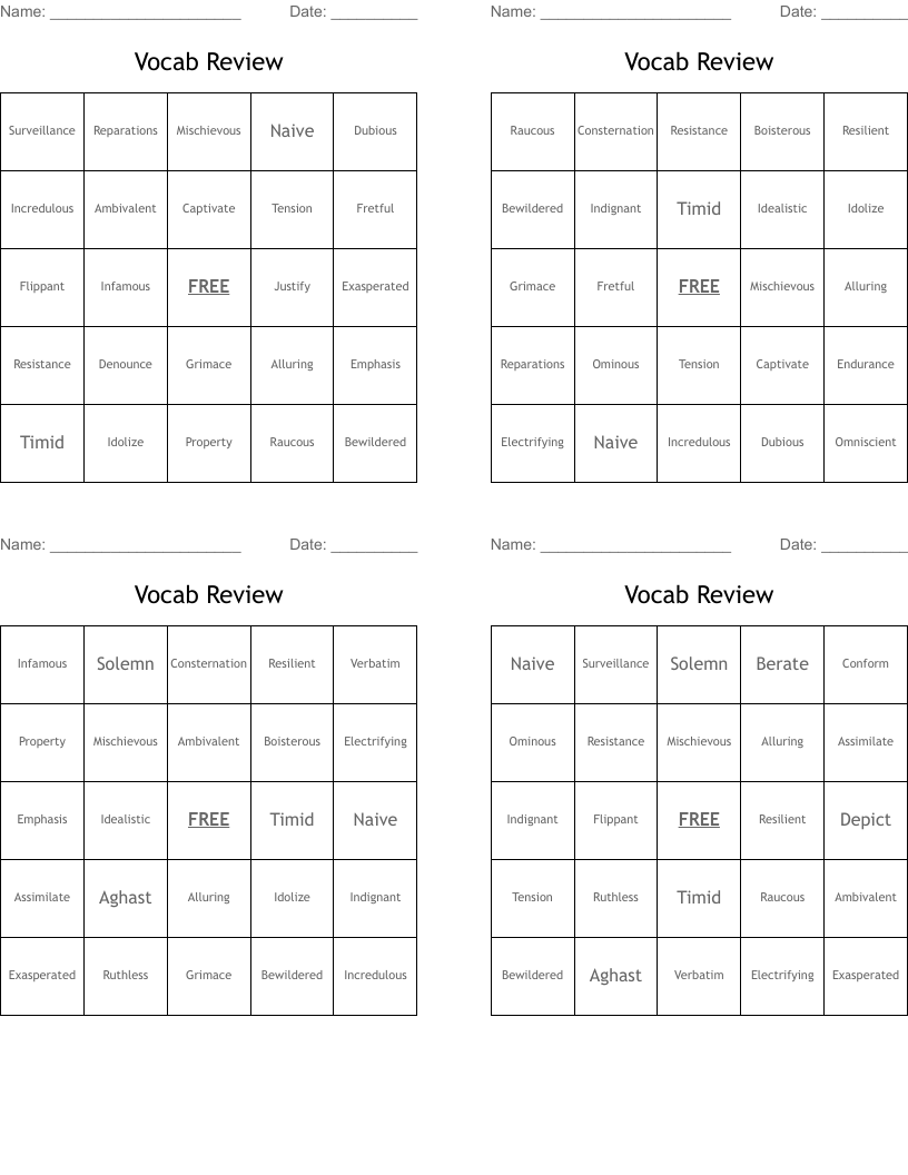 Vocab Review Bingo Cards