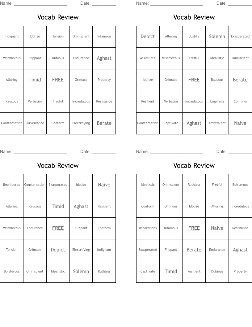 Vocab Review Bingo Cards