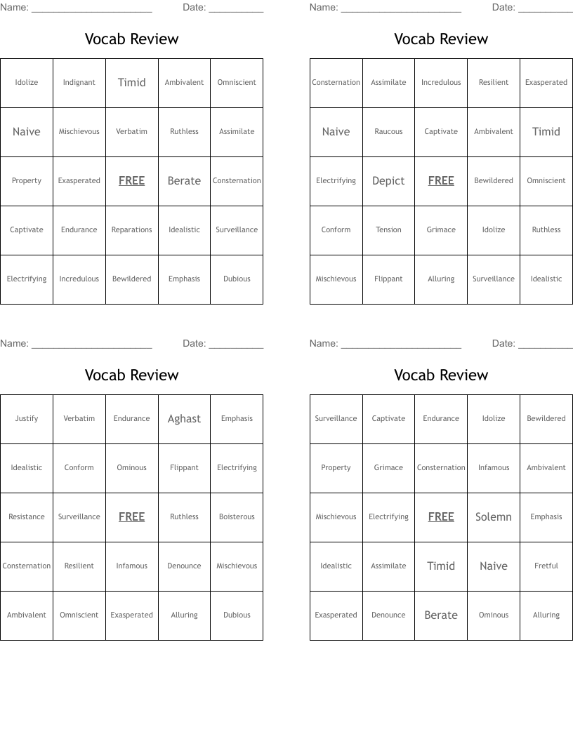 Vocab Review Bingo Cards