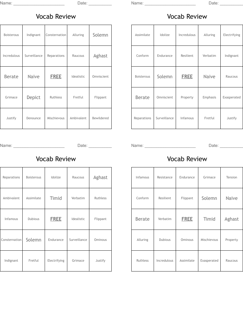Vocab Review Bingo Cards