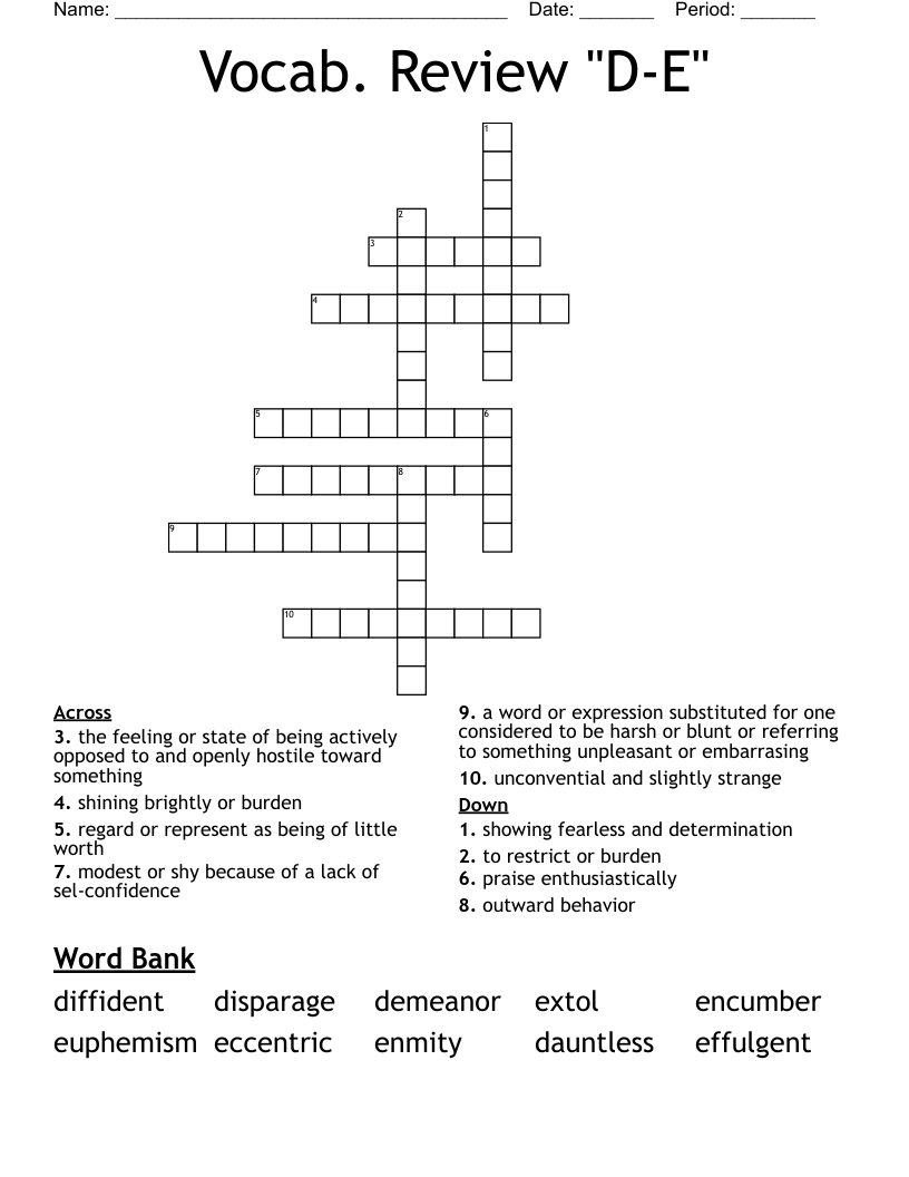 Vocab. Review "D-E" Crossword