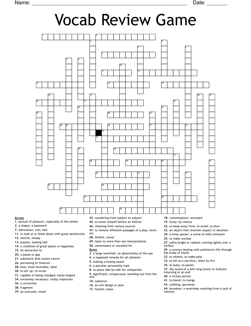 Vocab Review Game Crossword