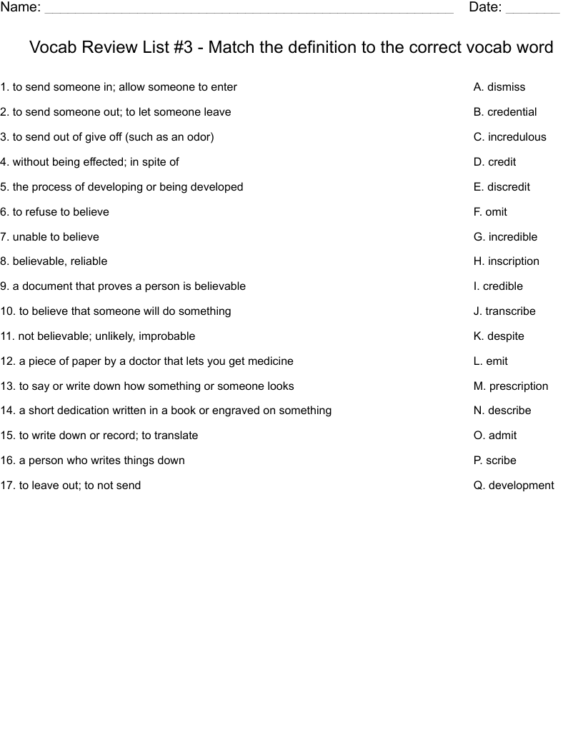 Vocab Review List #3 - Match the definition to the correct vocab word Worksheet
