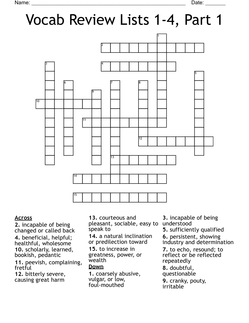 Vocab Review Lists 1-4, Part 1 Crossword