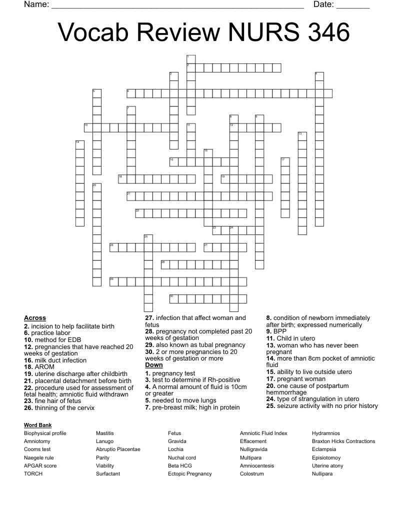 Vocab Review NURS 346 Crossword
