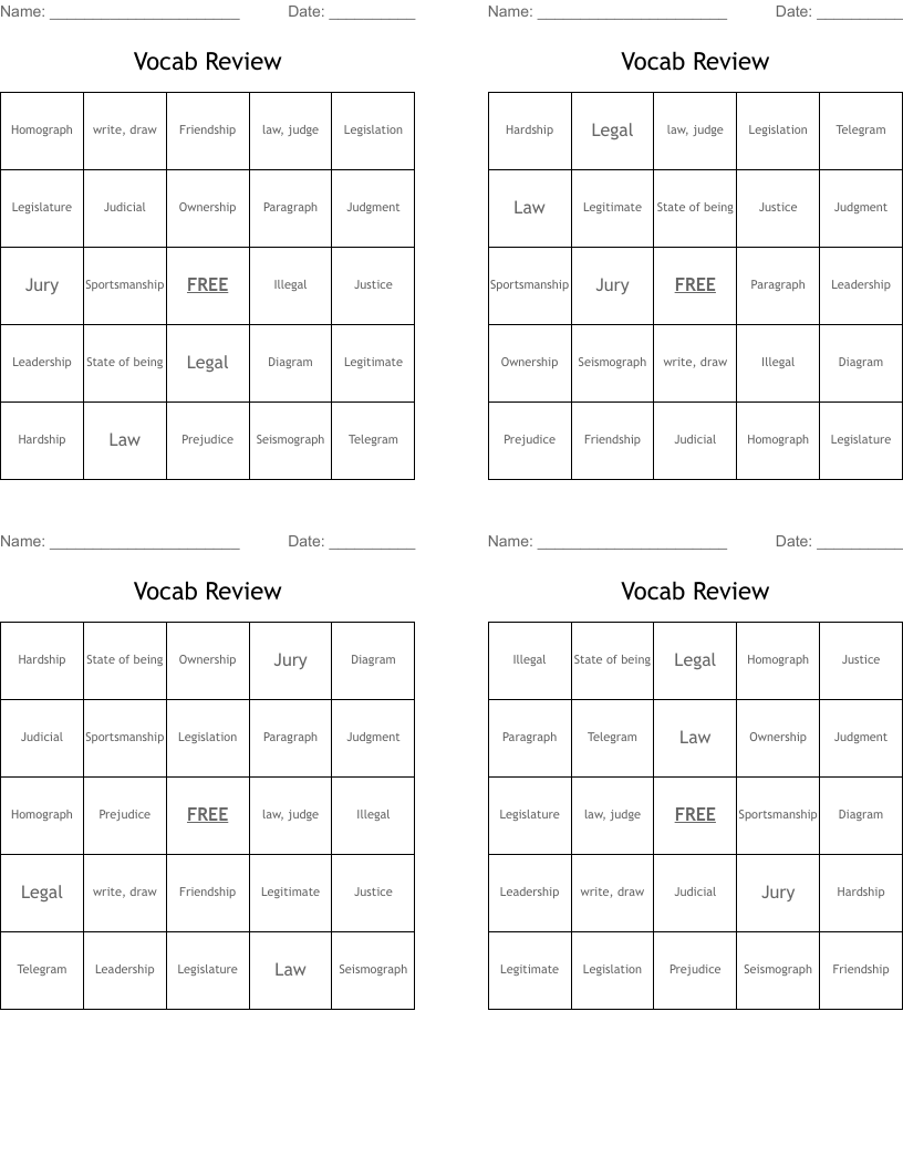 Vocab Review  Bingo Cards