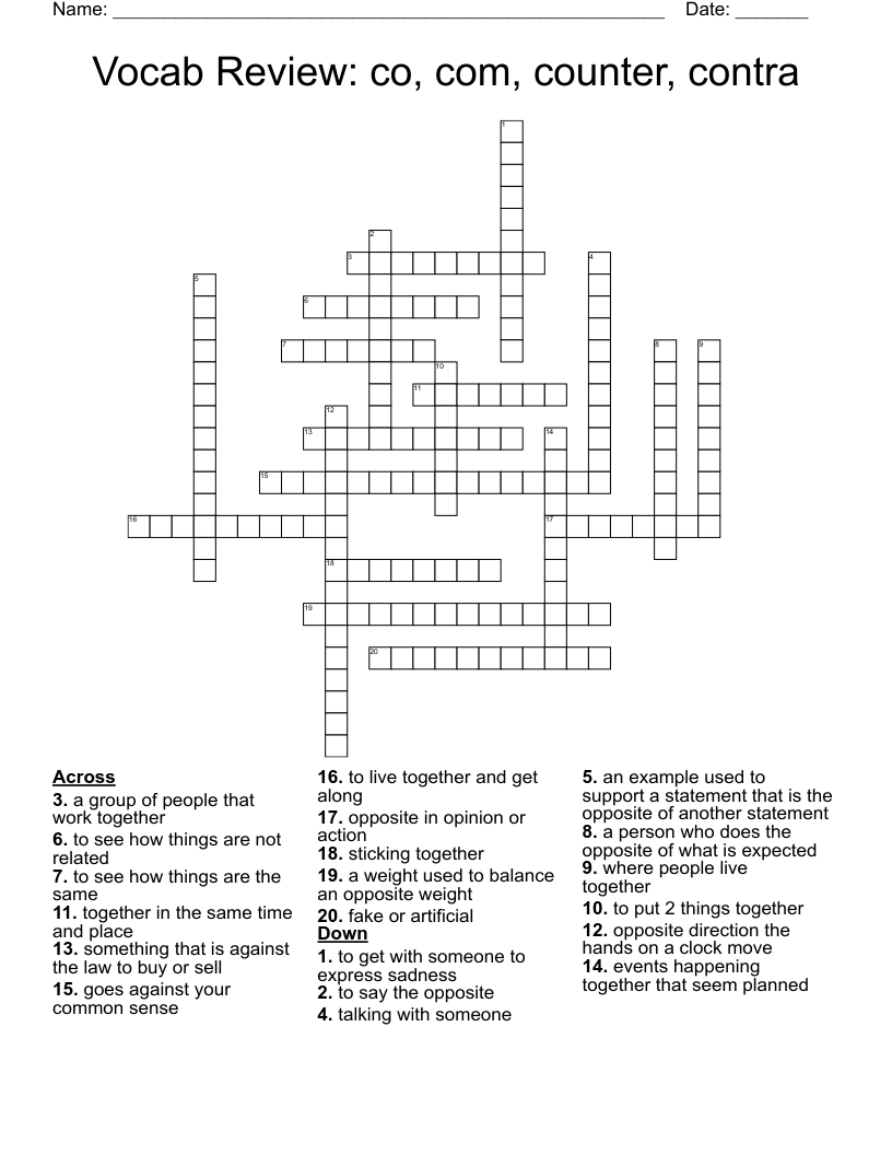 Vocab Review: co, com, counter, contra Crossword
