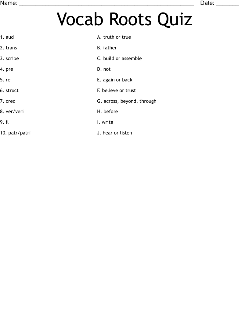 Vocab Roots Quiz Worksheet
