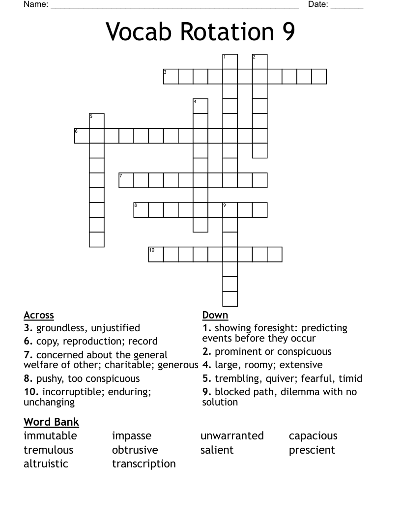 Vocab Rotation 9 Crossword