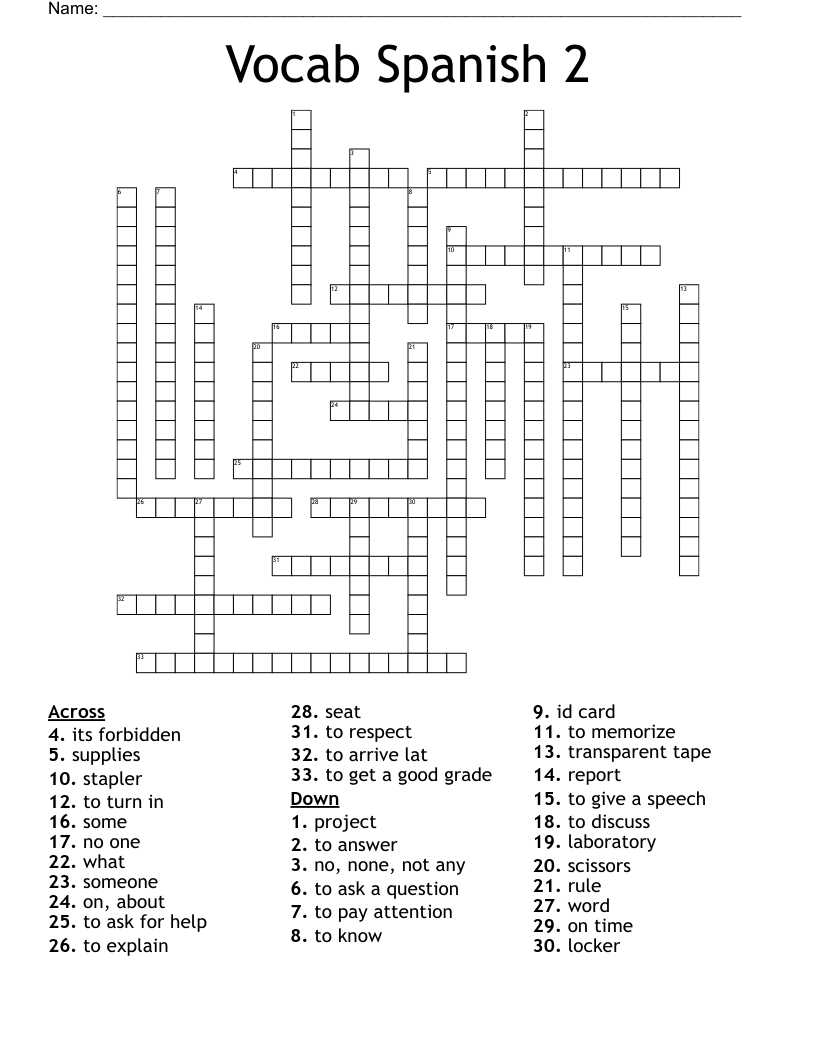 Vocab Spanish 2 Crossword