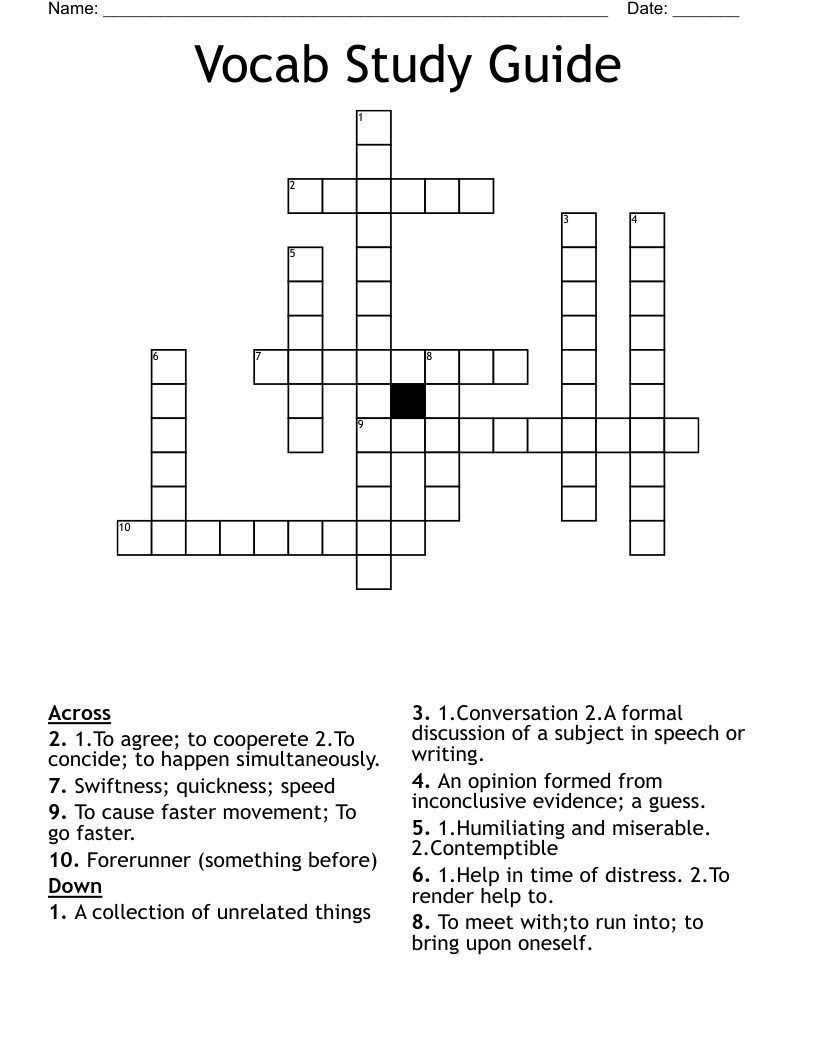 Vocab Study Guide Crossword