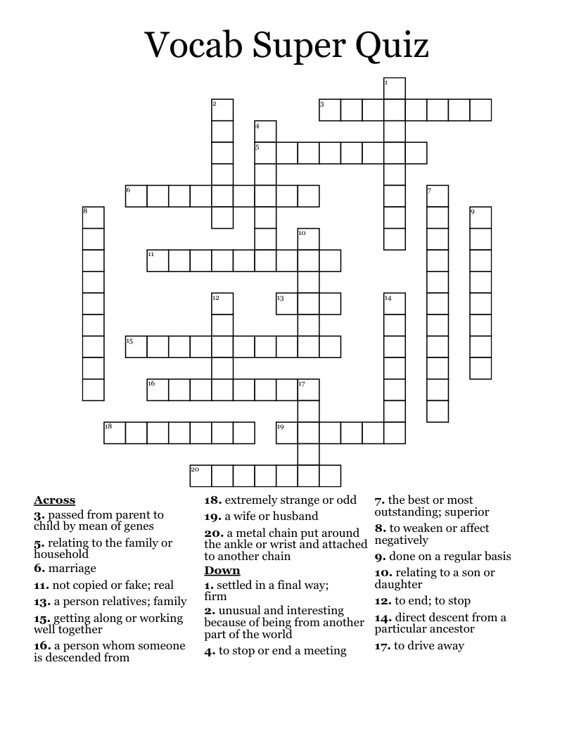 Vocab Super Quiz Crossword