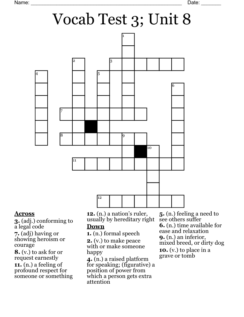 Vocab Test 3; Unit 8 Crossword