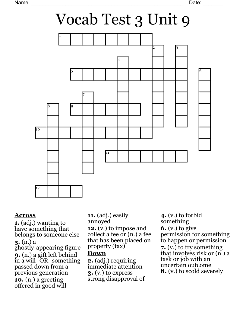 Vocab Test 3 Unit 9 Crossword