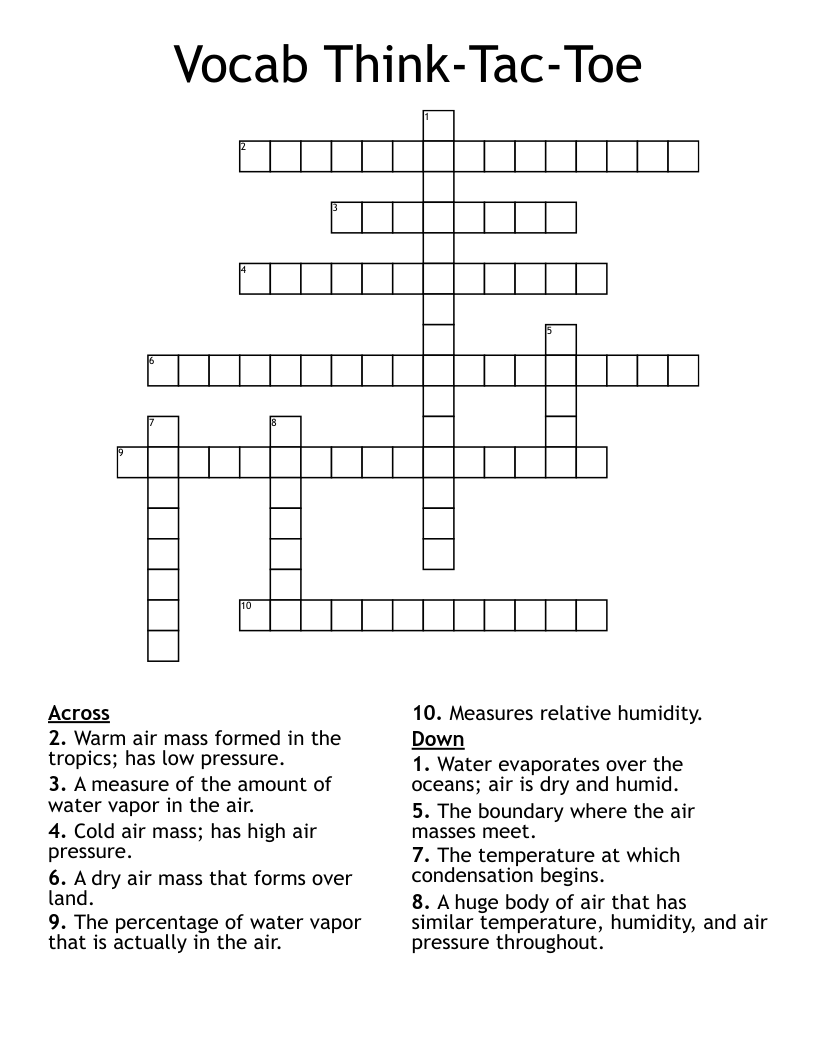 Vocab Think-Tac-Toe Crossword