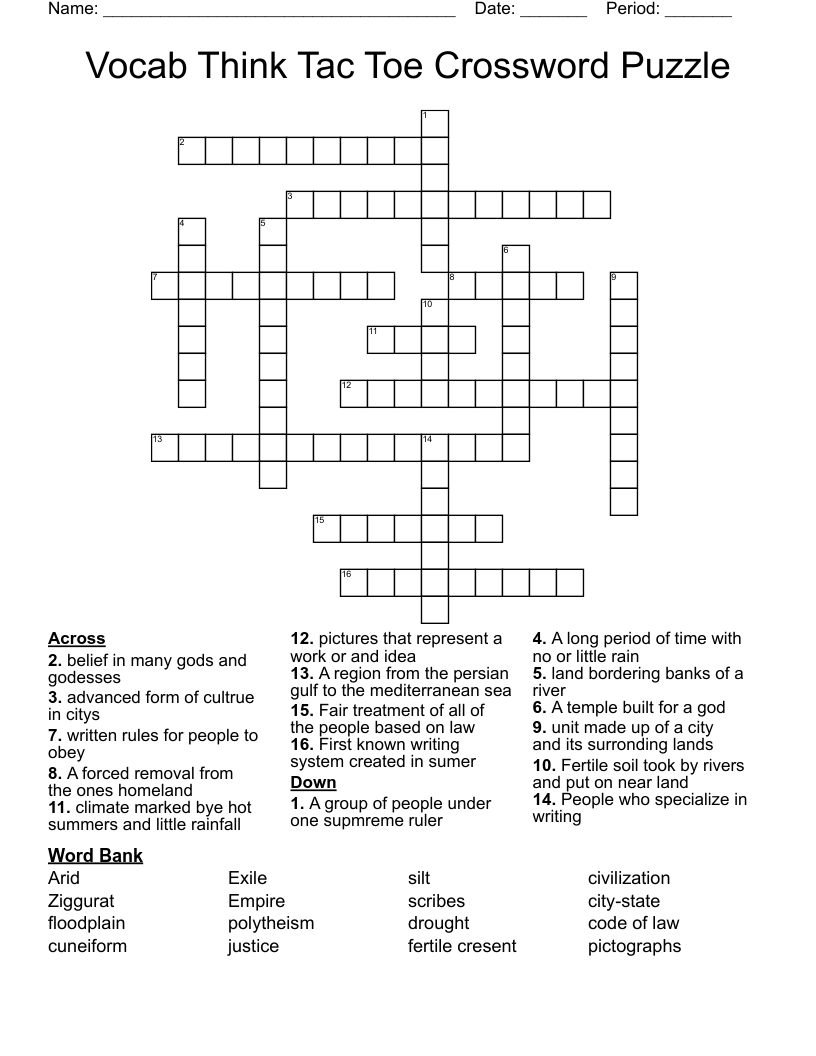Vocab Think Tac Toe Crossword Puzzle