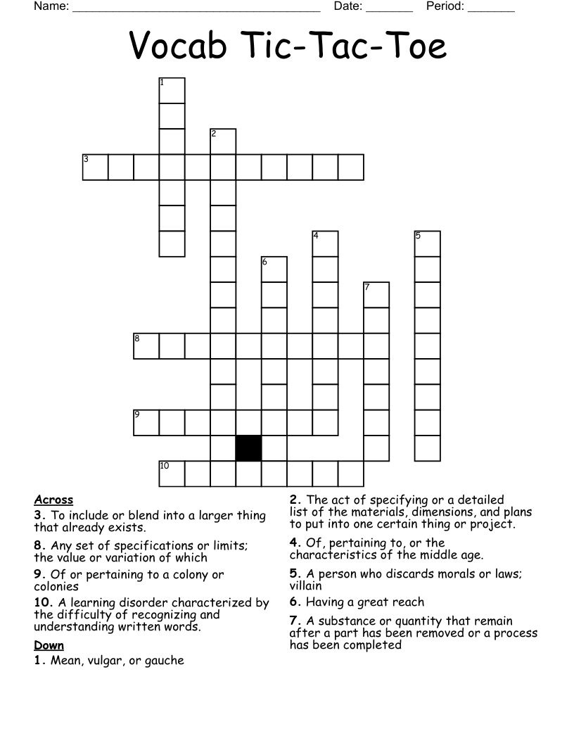 Vocab Tic-Tac-Toe Crossword