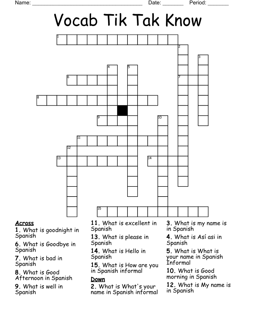 Vocab Tik Tak Know Crossword