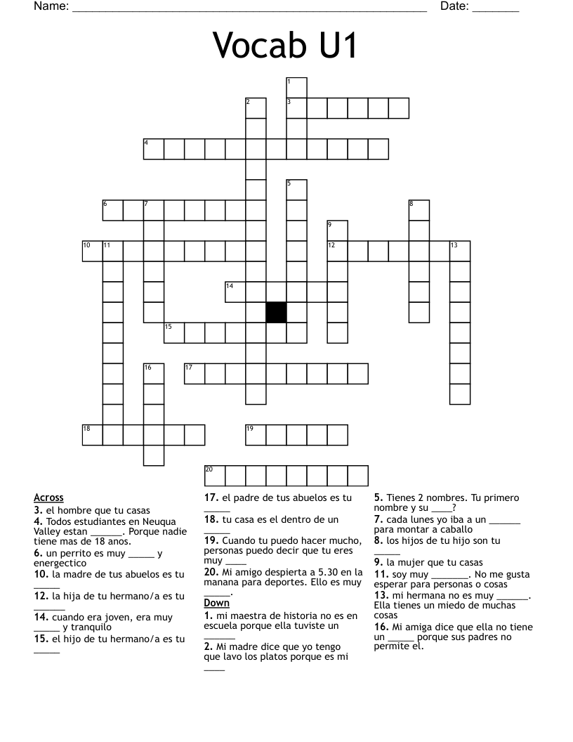 Vocab U1 Crossword