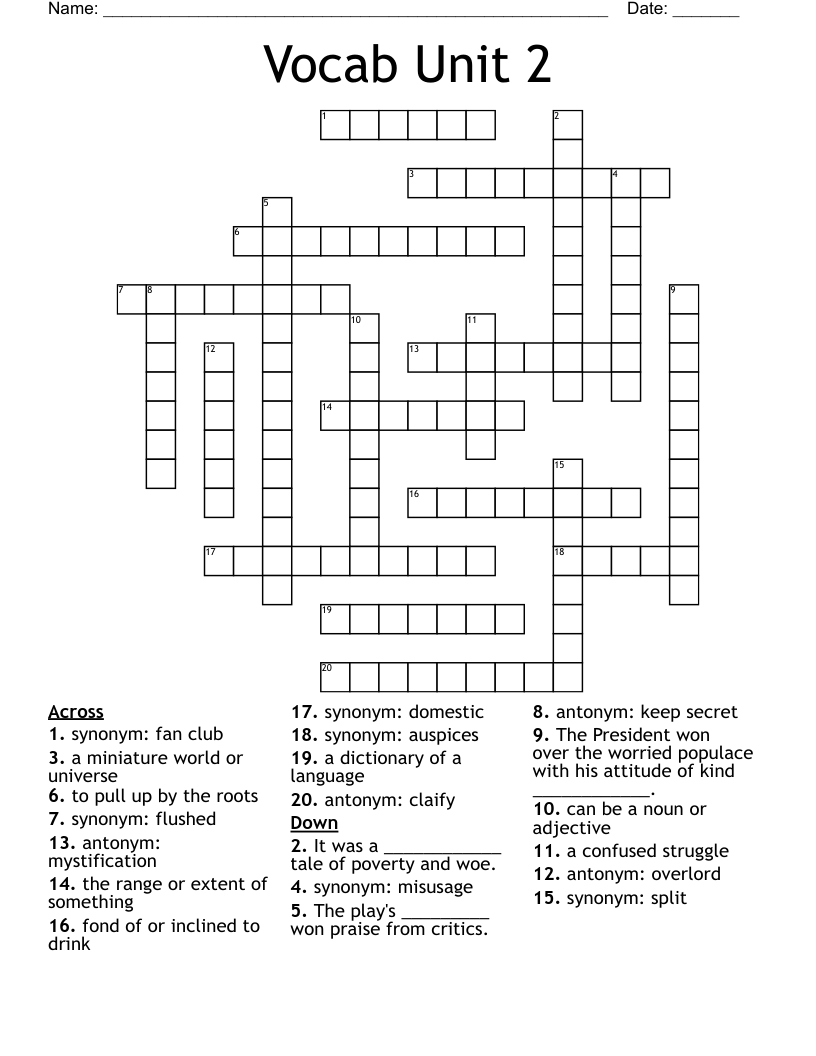 Vocab Unit 2 Crossword