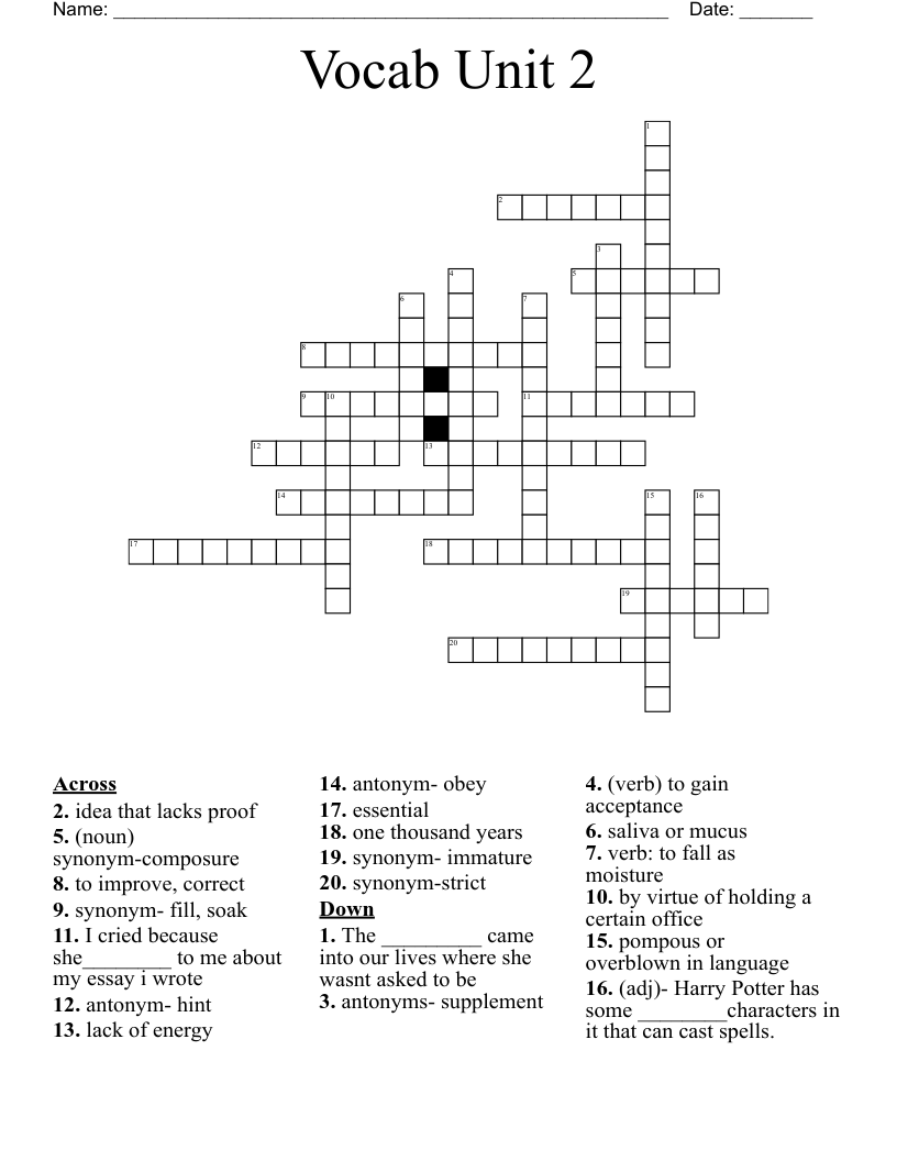 Vocab Unit 2 Crossword