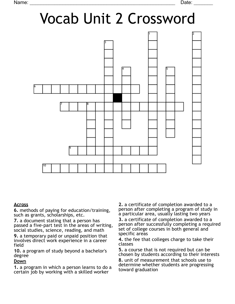 Vocab Unit 2 Crossword