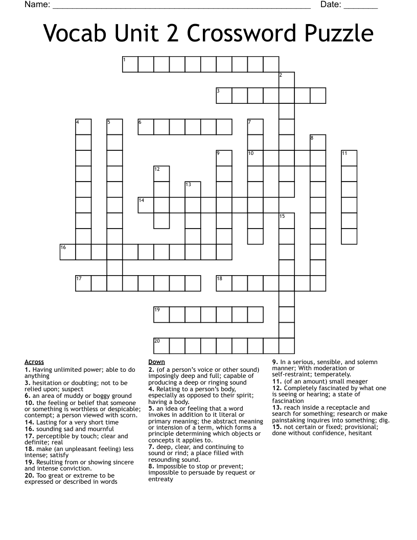 Vocab Unit 2 Crossword Puzzle