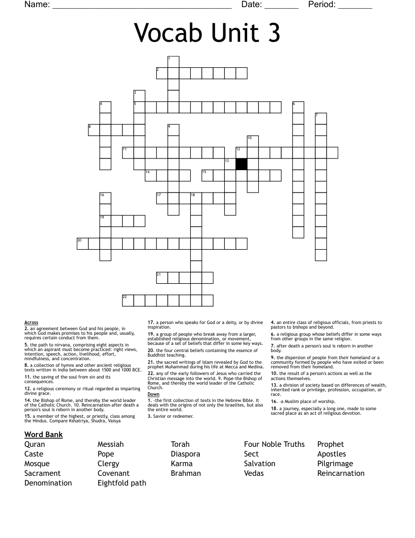 Vocab Unit 3 Crossword
