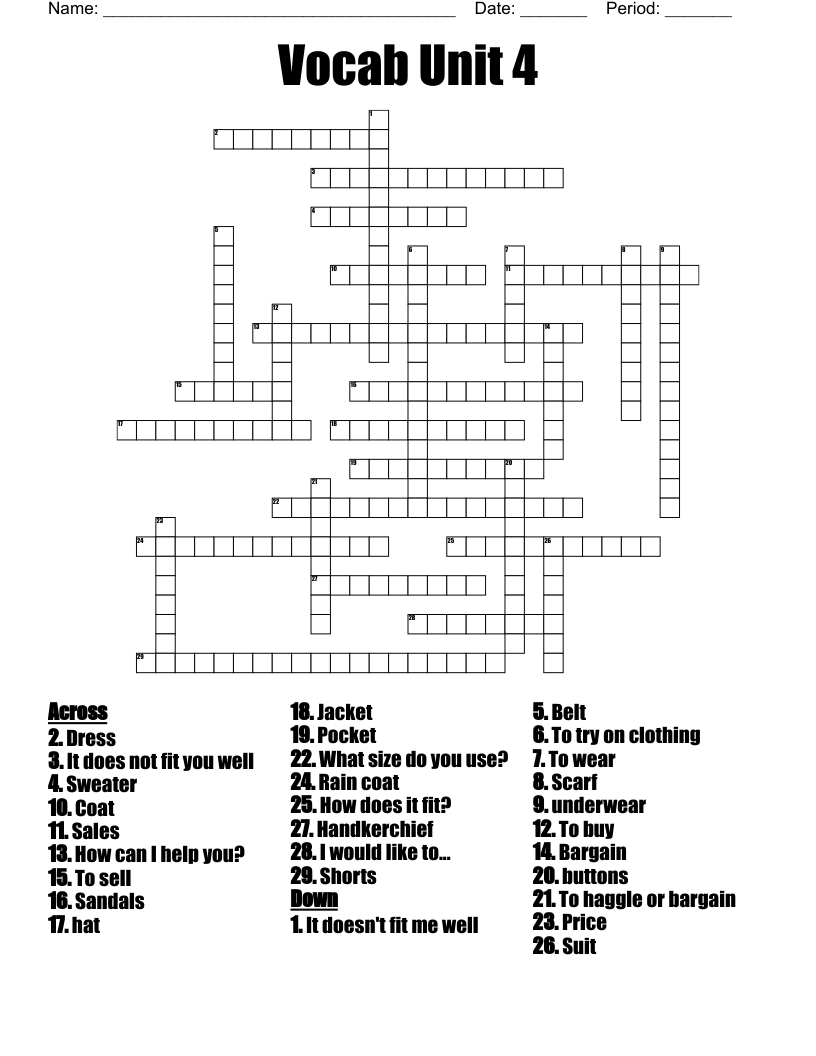Vocab Unit 4 Crossword