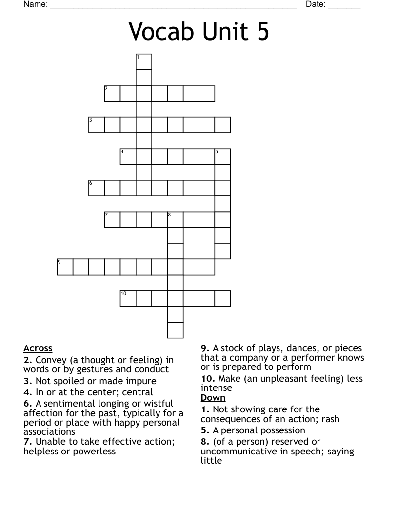 Vocab Unit 5 Crossword