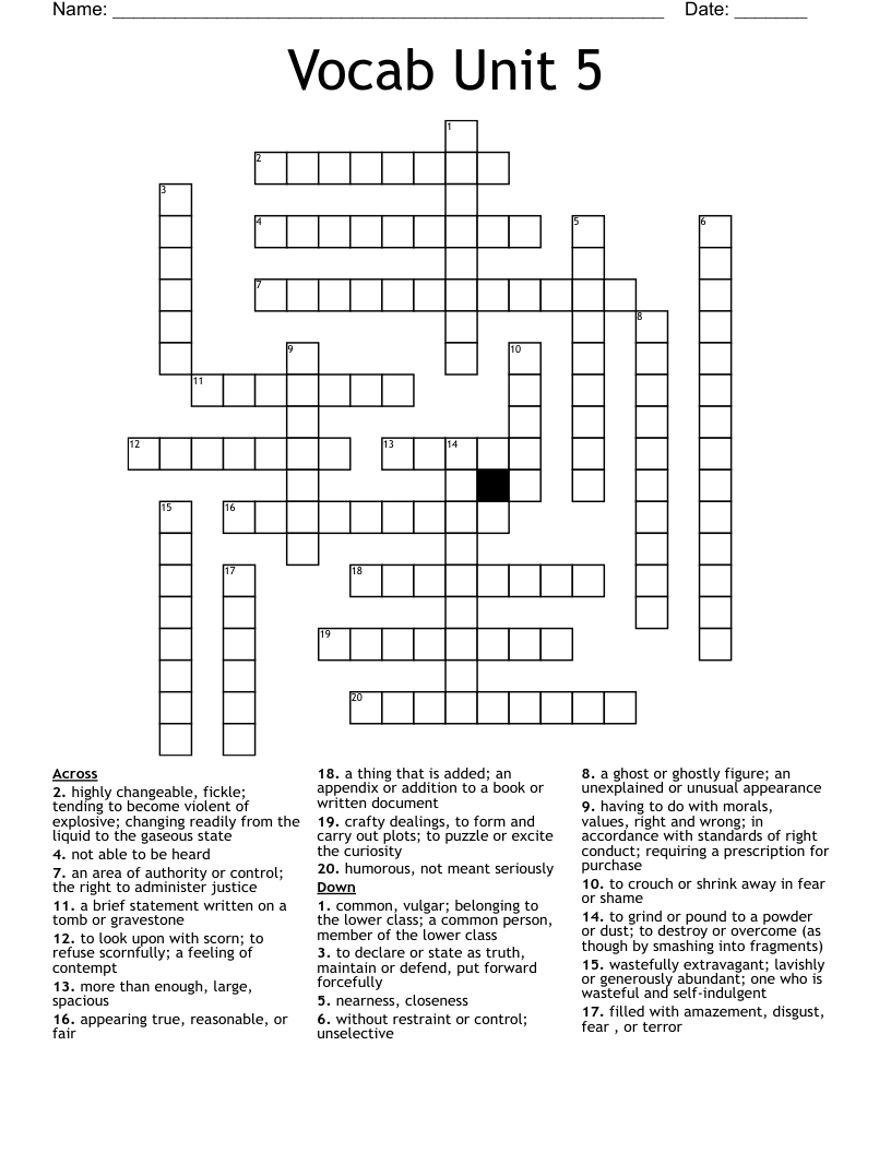 Vocab Unit 5  Crossword