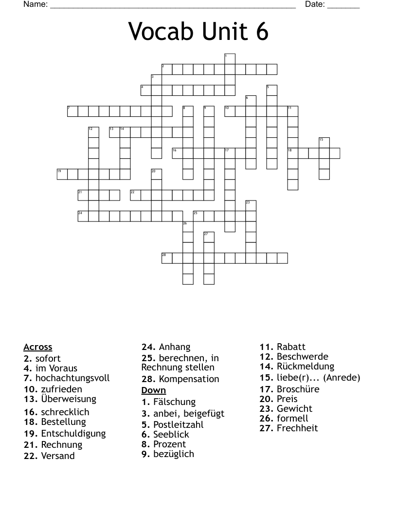 Vocab Unit 6 Crossword