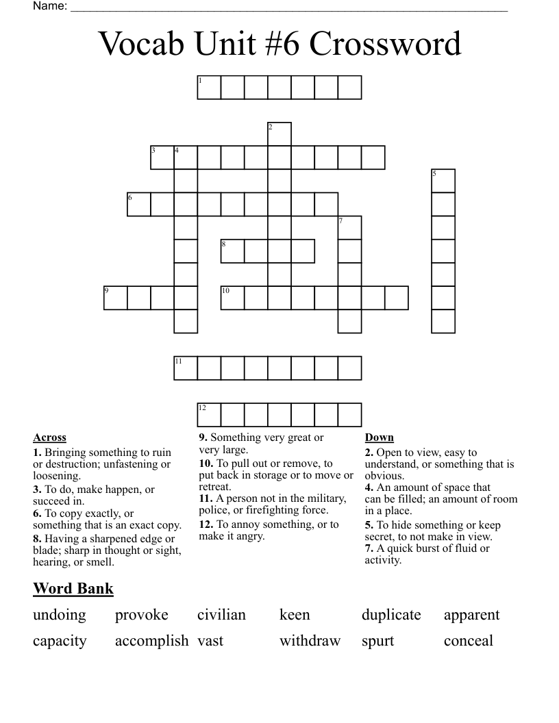 Vocab Unit #6 Crossword