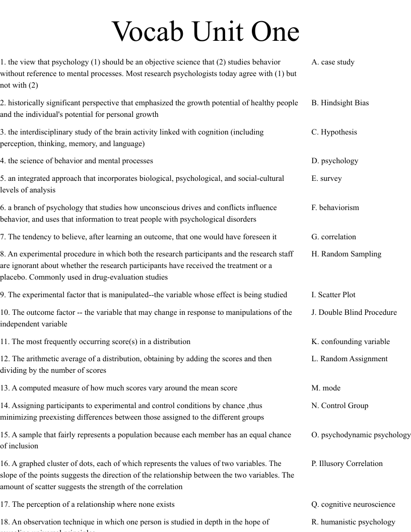 Vocab Unit One Worksheet