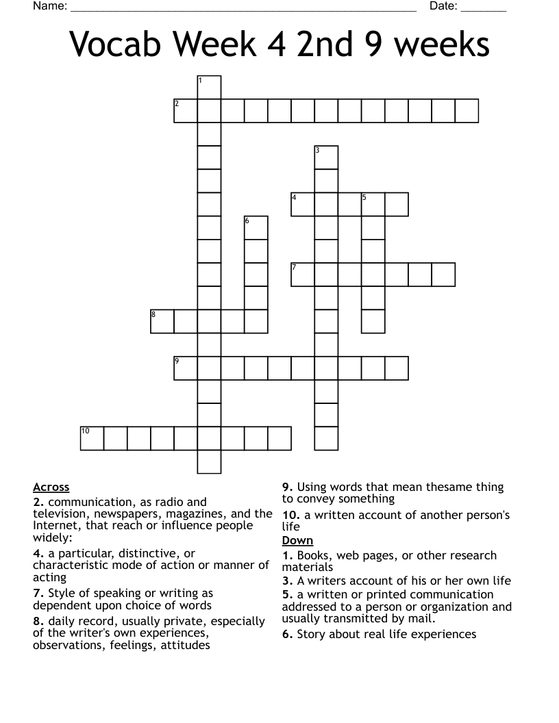 Vocab Week 4 2nd 9 weeks Crossword