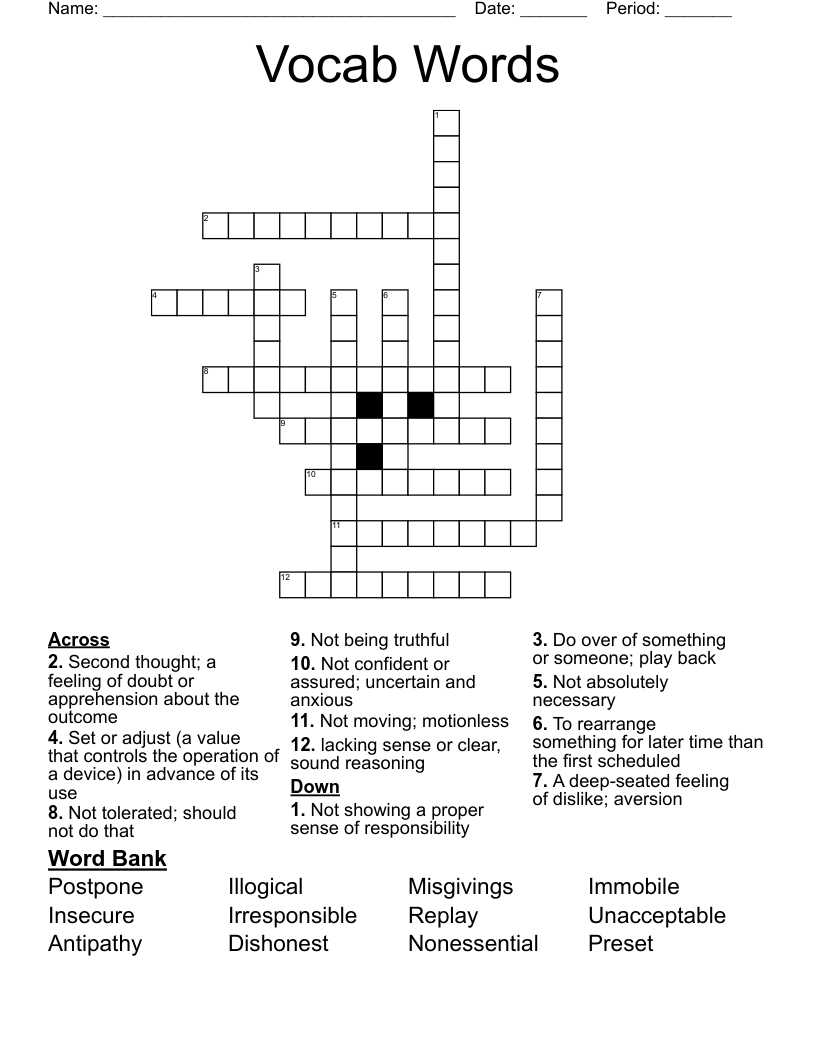Vocab Words  Crossword