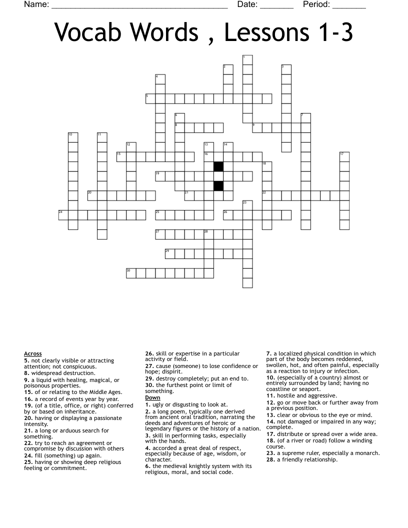 Vocab Words , Lessons 1-3 Crossword