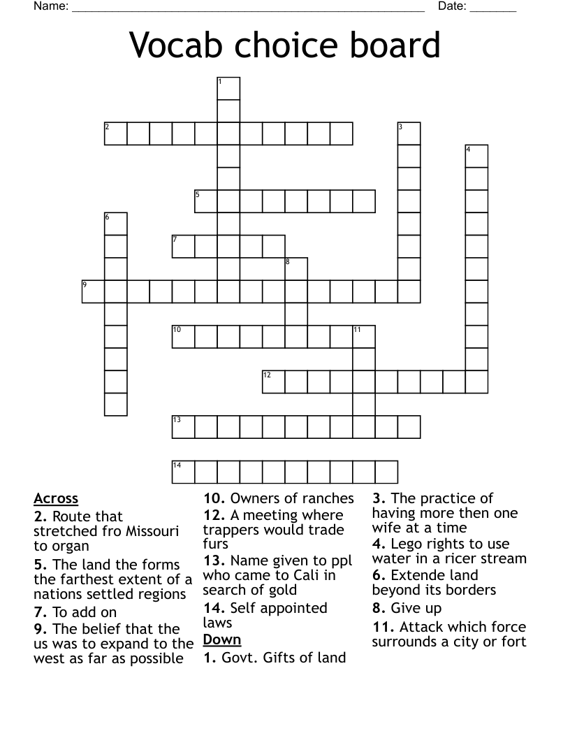 Vocab choice board  Crossword