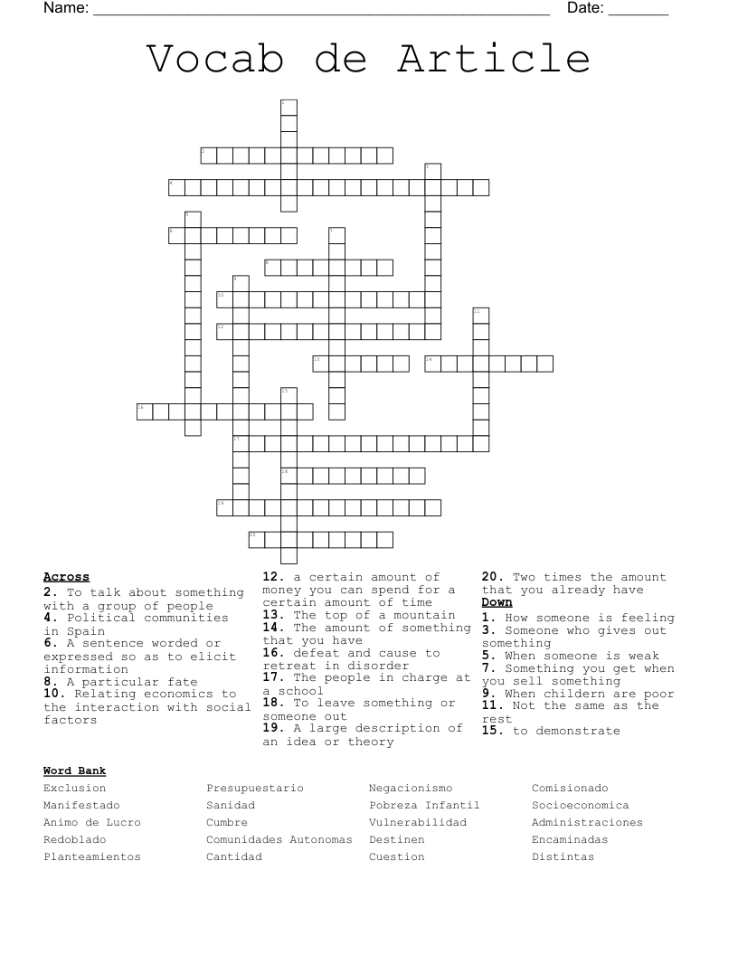 Vocab de Article Crossword