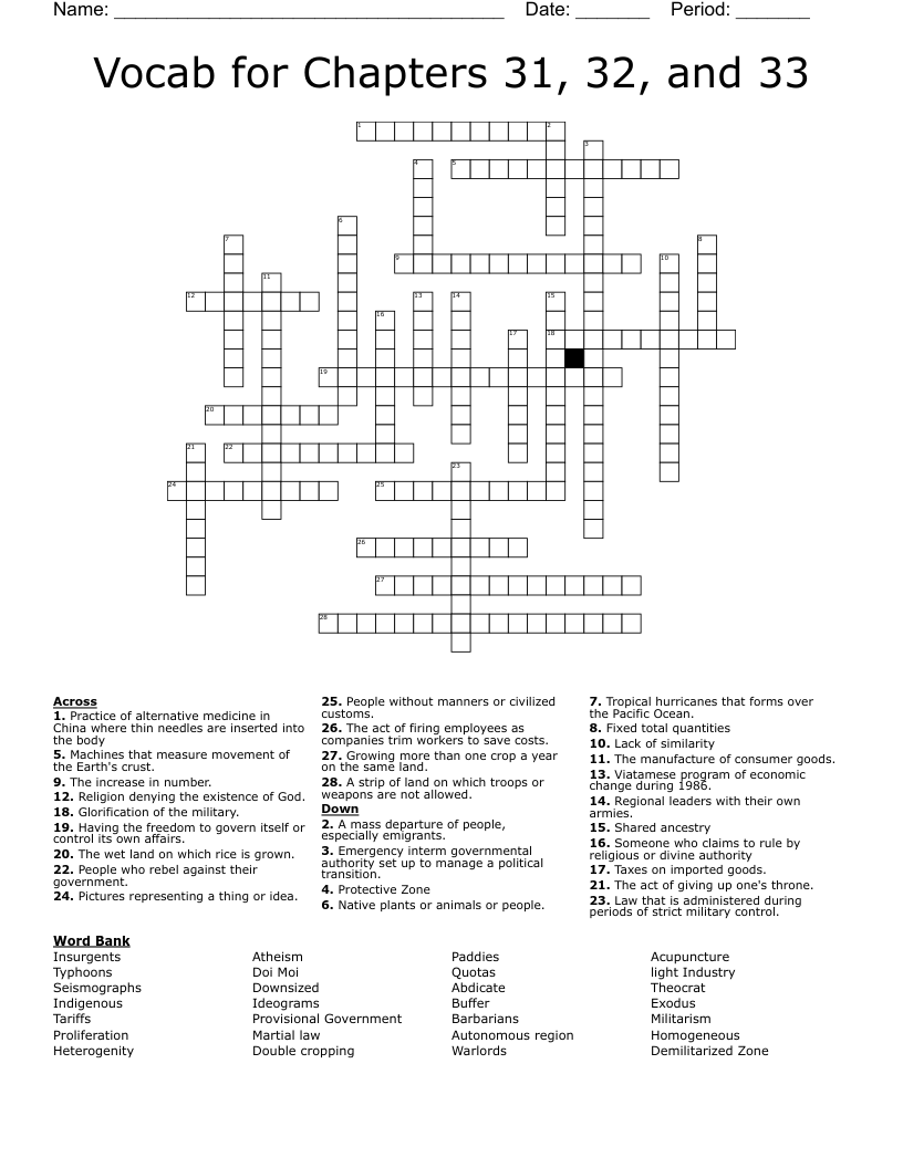 Vocab for Chapters 31, 32, and 33 Crossword