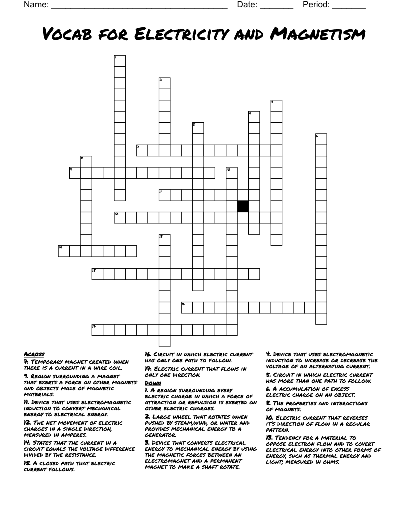 Vocab for Electricity and Magnetism Crossword