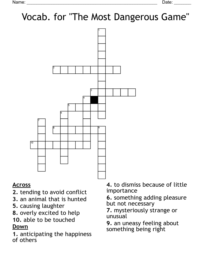 Vocab. for "The Most Dangerous Game" Crossword