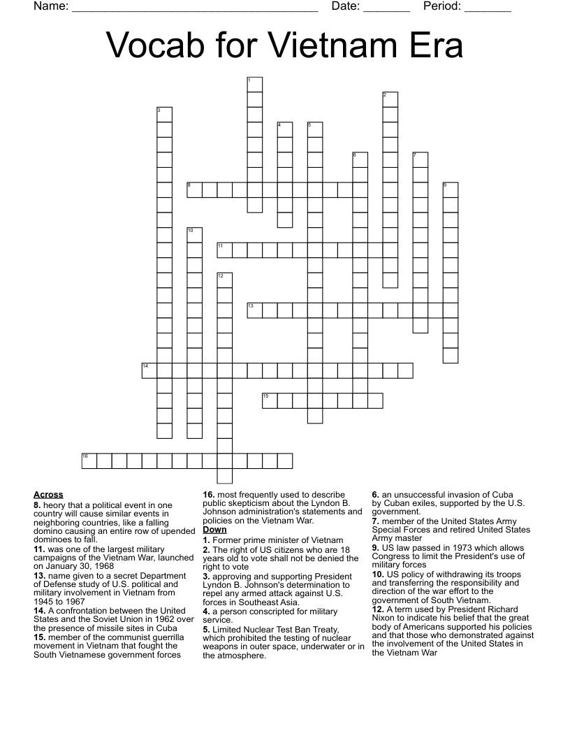 Vocab for Vietnam Era Crossword