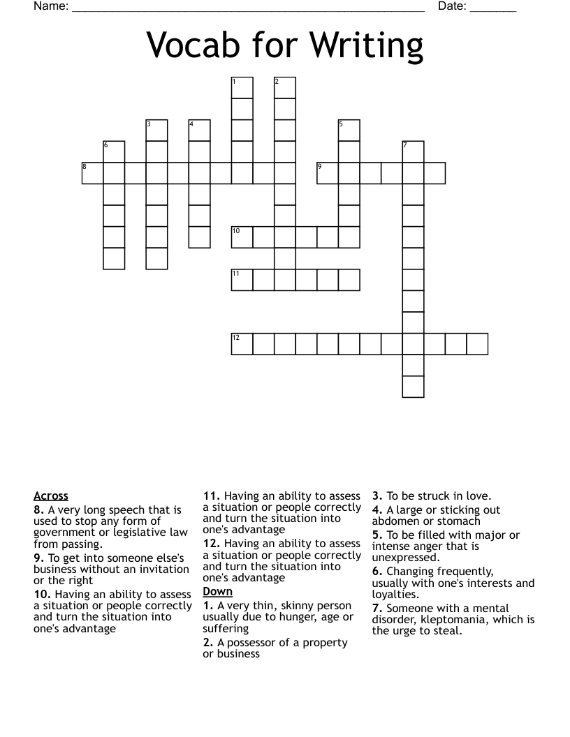 Vocab for Writing  Crossword