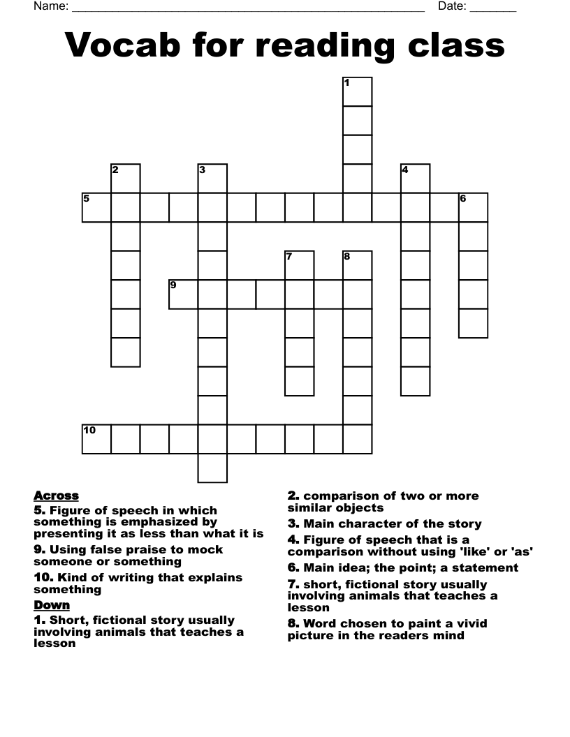 Vocab for reading class  Crossword