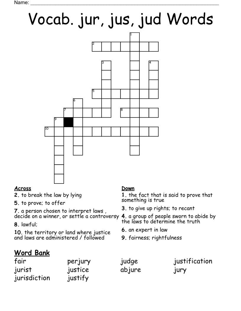 Vocab. jur, jus, jud Words Crossword