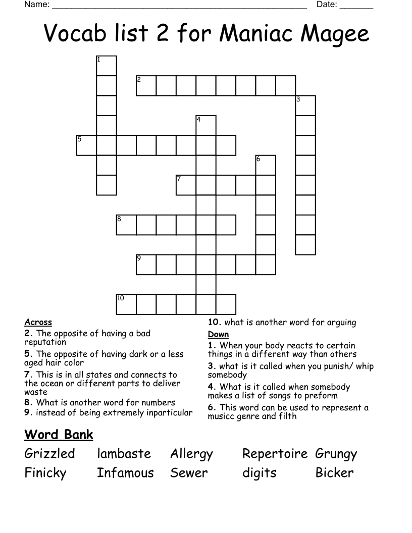 Vocab list 2 for Maniac Magee Crossword