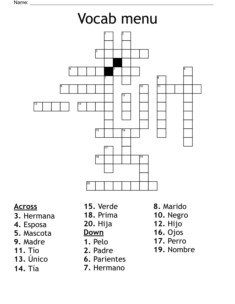 Vocab menu Crossword